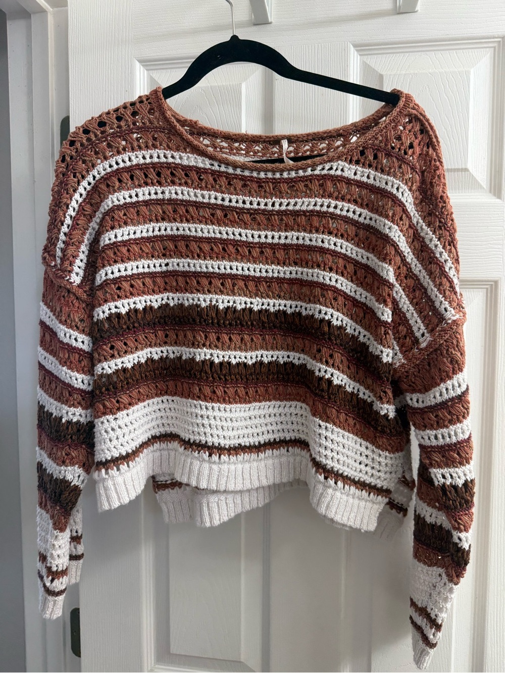 Free People Crochet Stripe Pullover Sweater - White & Rust
